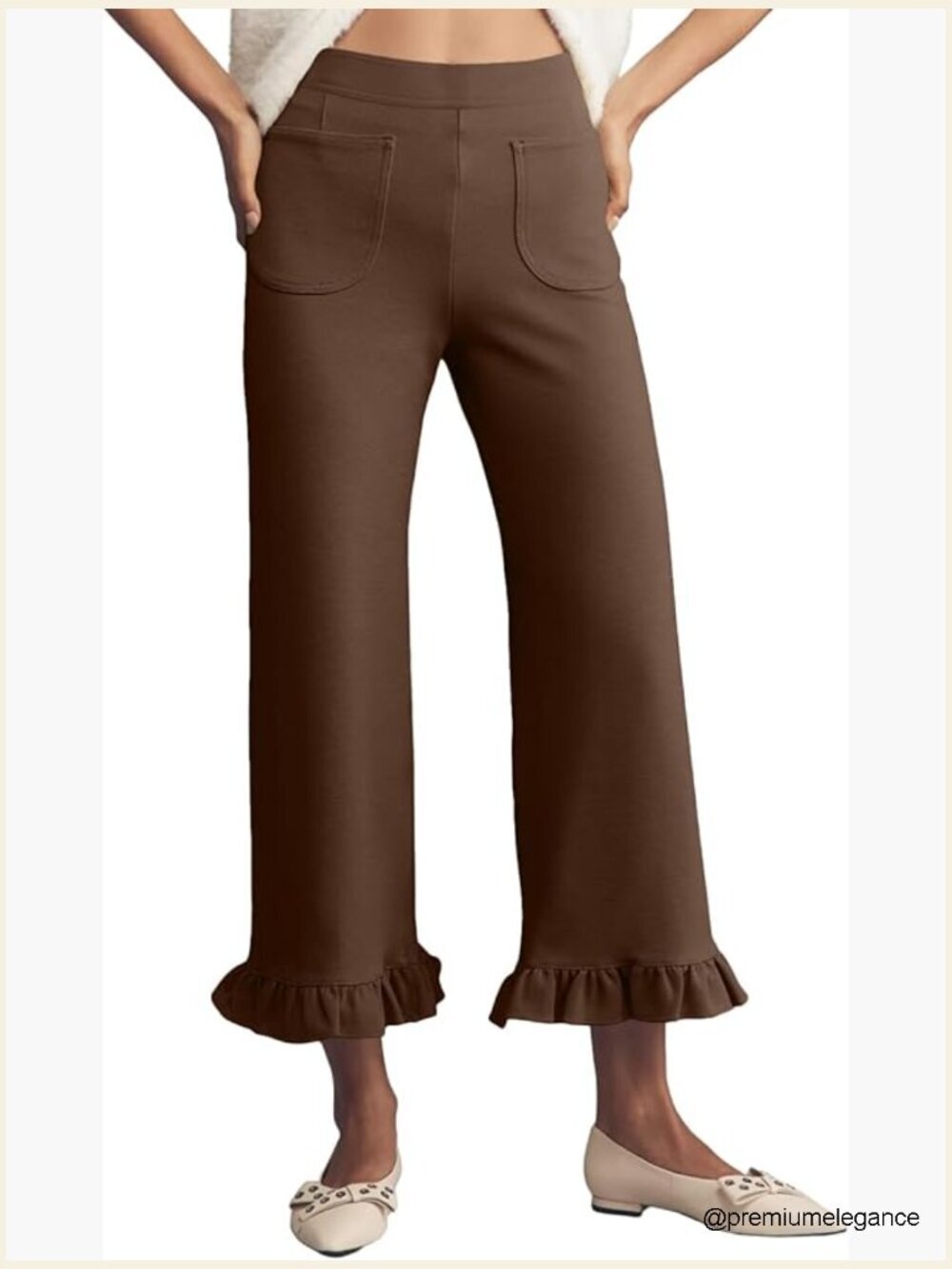 Gingham Pants Elastic Waist Straight Leg Ruffle Hem Cropped Trousers with